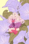  1girl barefoot big_hair blush curly_hair flower hair_between_eyes hands_together leaf long_hair looking_at_viewer minigirl original purple_flower purple_nails rii_abrego signature solo squatting violet_eyes white_hair yellow_background 