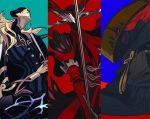  3boys antonio_salieri_(fate/grand_order) aqua_background armor black_armor black_headwear blonde_hair blue_background blue_cape boots cape clawed_gauntlets claws covered_face fate/grand_order fate_(series) gauntlets grin hat holding holding_sword holding_weapon horns katana long_hair looking_at_viewer male_focus mask multiple_boys parted_lips photoshop_(medium) red_armor red_background red_eyes redhead rice_hat shaded_face simple_background smile standing sword tobi0728 weapon 