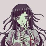  1girl apron bandaged_arm bandages bangs commentary_request dangan_ronpa_(series) dangan_ronpa_2:_goodbye_despair floating_hair grey_background hand_on_own_face hands_up highres long_hair looking_at_viewer messy_hair pink_shirt portrait puffy_short_sleeves puffy_sleeves r37_k53 shiny shiny_hair shirt short_sleeves solo tsumiki_mikan upper_body white_apron 