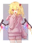  1girl alternate_costume animal_hood artist_name blonde_hair blush bunny_hood casual commentary_request cowboy_shot crystal fang flandre_scarlet grey_background hand_up hi_o_kawa hood long_hair looking_at_viewer one_eye_closed open_mouth pink_hoodie pink_shorts pointy_ears red_eyes red_nails red_scrunchie scrunchie shorts side_ponytail simple_background sleeves_past_wrists solo tearing_up touhou wings yawning 