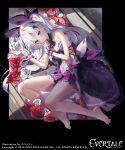  1girl absurdres aria_(evertale) artist_name barefoot blue_eyes copyright_name evertale fetal_position flower highres looking_up lying official_art on_side red_flower red_rose rose solo sukocchi two_side_up white_flower white_hair white_rose 