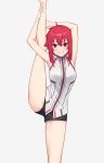 1girl absurdres ahoge allen.n armpits barefoot highres holding_leg looking_at_viewer original red_eyes redhead short_hair_with_long_locks short_shorts shorts simple_background sleeveless solo split standing standing_on_one_leg standing_split 