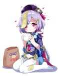  1girl :t bag baozi black_headwear closed_mouth colored_shadow commentary_request dress eating food full_body genshin_impact hair_ornament hat heart highres holding holding_food long_sleeves makuran no_shoes paper_bag purple_dress purple_hair qing_guanmao qiqi red_eyes shadow short_hair sitting soles solo thigh-highs wariza white_background white_legwear wide_sleeves 