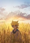  1boy blonde_hair child closed_mouth day jack_atlas jacket looking_at_viewer male_focus outdoors solo torinomaruyaki violet_eyes wheat_field white_jacket younger yu-gi-oh! yu-gi-oh!_5d&#039;s 
