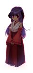  1girl glowing glowing_eyes hanyuu highres higurashi_no_naku_koro_ni horns japanese_clothes long_hair looking_at_viewer miko ponyomaro_daikon purple_hair red_pupils simple_background solo violet_eyes white_background 