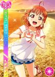  blush character_name love_live!_school_idol_festival love_live!_sunshine!! orange_hair red_eyes shirt short_hair smile takami_chika 