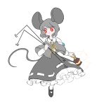  1girl animal_ears bangs black_footwear frills grey_capelet grey_hair grey_skirt highres holding holding_lantern kyo_(user_uwff4345) lantern long_sleeves mouse_ears mouse_girl mouse_tail nazrin no_nose red_eyes shirt shoes short_hair simple_background skirt solo tail touhou white_background white_shirt 