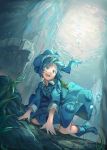  1girl :d algae all_fours backpack bag blue_dress blue_eyes blue_hair dress fingernails floating_hair green_headwear highres kawashiro_nitori key_necklace medium_hair open_mouth shichigatsu smile solo touhou twintails underwater 