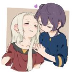  2girls bernadetta_von_varley blue_shirt blush closed_eyes edelgard_von_hresvelg fire_emblem fire_emblem:_three_houses hands_on_another&#039;s_shoulders heart highres multiple_girls purple_hair red_shirt shirt short_hair short_sleeves smile upper_body white_hair yano_(spirit1022) yuri 