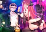  1girl 3boys alcohol ass black_legwear black_ribbon blonde_hair blue_eyes bottle breasts champagne champagne_flute commentary_request cup drinking_glass eyewear_on_head go-toubun_no_hanayome hair_over_one_eye hair_ribbon highres jewelry kneeling kosmos_beta large_breasts long_hair looking_at_viewer multiple_boys nakano_nino necklace redhead ribbon short_hair shoulder_tattoo sitting solo_focus sunglasses tattoo thigh-highs 