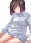  1girl absurdres akizuki_(kantai_collection) bangs barefoot black_hair blue_eyes blush breasts eyebrows_visible_through_hair highres kantai_collection kiritto large_breasts long_sleeves panties ponytail red_panties ribbed_sweater sitting solo sweater turtleneck turtleneck_sweater underwear 