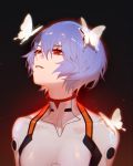  1girl absurdres ayanami_rei bangs bodysuit bug butterfly commentary flying glowing gradient gradient_background hair_between_eyes highres insect jesse_(pixiv34586727) light_purple_hair looking_up neon_genesis_evangelion parted_lips plugsuit red_eyes reflective_eyes short_hair solo upper_body white_bodysuit 