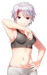  1girl absurdres arm_up armpits bangs bare_arms bare_shoulders breasts closed_mouth collarbone commentary_request cowboy_shot derori grey_hair grey_pants han&#039;you_no_yashahime hand_on_hip highres higurashi_towa looking_at_viewer medium_breasts midriff multicolored_hair navel pants red_eyes redhead short_hair silver_hair simple_background smile solo sports_bra stomach streaked_hair sweat two-tone_hair white_background 