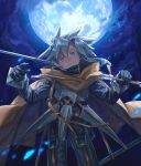  1boy armor blue_eyes breastplate closed_mouth clouds cowboy_shot full_moon gauntlets grey_hair head_tilt highres holding holding_sword holding_weapon looking_at_viewer male_focus moon night night_sky original outdoors pants shichigatsu sky smile solo standing sword weapon 