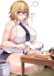  1girl 207loz :o absurdres annoyed bare_shoulders black-framed_eyewear blue_eyes breasts chopsticks egg fate/grand_order fate_(series) glasses highres huge_breasts jeanne_d&#039;arc_(fate) jeanne_d&#039;arc_(fate)_(all) long_hair necktie parted_lips plump ponytail rice rice_cooker seiza sideboob simple_background sitting skirt solo thick_thighs thighs translation_request very_long_hair white_background 