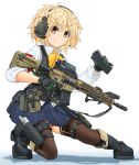  1girl ar-15 armband assault_rifle bangs black_footwear blonde_hair blouse blue_skirt boots bow bowtie brown_legwear bulletproof_vest closed_mouth collared_blouse commentary_request eyebrows_visible_through_hair gloves green_gloves gun handgun headphones highres holding holster long_sleeves looking_at_viewer magazine_(weapon) messy_hair mikeran_(mikelan) miniskirt one_knee orange_eyes original pleated_skirt rifle school_uniform shadow short_hair simple_background skirt sleeve_rolled_up smile solo thigh-highs thigh_holster thigh_pouch thigh_strap trigger_discipline v-shaped_eyebrows weapon white_background white_blouse wing_collar yellow_neckwear 