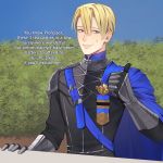  ... 1boy armor blonde_hair blue_eyes commentary dimitri_alexandre_blaiddyd english_commentary english_text fire_emblem fire_emblem:_three_houses garreg_mach_monastery_uniform hair_between_eyes highres lavelis outdoors sitting solo sweatdrop table teeth upper_body 