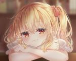  1girl :3 blonde_hair blurry blurry_background commentary_request crossed_arms curled_fingers depth_of_field diffraction_spikes elbows_on_table eyebrows_visible_through_hair eyelashes face fang fang_out flandre_scarlet hair_between_eyes hair_ribbon head_tilt highres indoors light_blush looking_at_viewer mimi89819132 no_hat no_headwear no_wings one_side_up partial_commentary puffy_short_sleeves puffy_sleeves red_eyes ribbon shirt short_sleeves smile solo table touhou white_shirt 