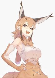  1girl bare_shoulders black_hair blue_eyes blush caracal_(kemono_friends) caracal_ears caracal_girl caracal_tail cocked_eyebrow cowboy_shot don3 elbow_gloves extra_ears fangs from_below gloves hands_on_hips high-waist_skirt kemono_friends light_brown_hair multicolored_hair open_mouth shirt short_hair sidelocks skirt sleeveless solo sweatdrop white_shirt 