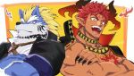 2boys animal_ears back-to-back bara bare_chest blue_eyes blue_fur chest chest_harness chest_tattoo collarbone crossed_arms dark_skin dark_skinned_male fenrir_(tokyo_houkago_summoners) furry harness high_collar highres horns ifrit_(tokyo_houkago_summoners) jacket male_focus multiple_boys muscle open_clothes open_jacket pointy_ears red_eyes redhead short_hair sketch spiky_hair tattoo thick_eyebrows tokyo_houkago_summoners two-tone_fur upper_body white_fur wolf_boy wolf_ears yakisoba_ohmori 