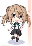  1girl artist_name black_socks bow bowtie brown_eyes character_name chibi commentary_request double_bun green_bow green_bowtie grey_skirt hair_bun highres inaba_shiki kantai_collection light_brown_hair looking_at_viewer michishio_(kancolle) pleated_skirt short_twintails simple_background skirt socks solo standing standing_on_one_leg suspender_skirt suspenders twintails white_background 