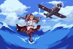  1girl aircraft airplane breast_pocket breasts brown_hair brown_legwear clouds day dress flight_deck holding kantai_collection large_breasts leg_up long_hair lowres open_mouth outdoors pixel_art pocket ponytail saratoga_(kantai_collection) short_sleeves side_ponytail sky solo thigh-highs warabin_(suteki_denpun) water white_dress 