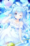  1girl animal_ear_fluff animal_ears blue_bow blue_eyes blue_hair blush bow chiika_(cure_cherish) collarbone crystal detached_sleeves double_bun dress hair_bow long_hair one_eye_closed original puffy_short_sleeves puffy_sleeves rabbit_ears short_sleeves smile solo staff two_side_up white_dress 