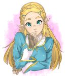  1girl aqua_eyes blonde_hair braid brown_gloves closed_mouth crown_braid fingerless_gloves fingernails frown gloves hand_up highres long_hair long_sleeves looking_at_viewer pointy_ears pretty-purin720 princess_zelda raised_eyebrows solo the_legend_of_zelda the_legend_of_zelda:_breath_of_the_wild thick_eyebrows upper_body 