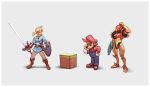  1girl 2boys arm_cannon block chin_stroking facial_hair gloves grey_background hand_on_hip hat highres holding holding_shield holding_sword holding_weapon hylian_shield link mario super_mario_bros. master_sword metroid minecraft multiple_boys mustache nin_nakajima overalls ponytail power_armor red_headwear red_shirt samus_aran scratching_head shield shirt simple_background super_smash_bros. sword the_legend_of_zelda the_legend_of_zelda:_breath_of_the_wild tunic weapon white_gloves 