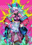 1girl :d aura bangs bare_shoulders belt breasts collar colorful dedeen fingernails green_eyes highres looking_at_viewer middle_finger multicolored multicolored_background multicolored_hair oni open_mouth original red_skin sharp_teeth shorts smile spiked_collar spikes spiky_hair teeth 