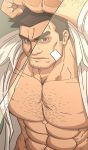  1boy abs arm_up bandage_on_face bandages bara bare_chest body_hair brown_eyes brown_hair chest chest_hair dobito_mn facial_hair gyakuten_saiban hairy highres itonokogiri_keisuke looking_at_viewer male_focus manly muscle navel navel_hair open_clothes open_shirt short_hair sideburns solo stubble upper_body 