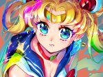  1girl aura bangs bishoujo_senshi_sailor_moon biting blonde_hair blue_eyes blue_sailor_collar blush choker circlet colorful crescent crescent_earrings dedeen earrings face glowing heart heart_choker jewelry lip_biting long_hair looking_at_viewer multicolored multicolored_background parted_bangs red_choker sailor_collar sailor_moon sailor_moon_redraw_challenge sailor_senshi_uniform shiny solo teeth tsukino_usagi twintails upper_body 