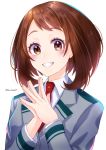  1girl absurdres artist_name blush boku_no_hero_academia breasts brown_eyes brown_hair collared_shirt commentary_request face grey_jacket grin hands_up highres jacket long_sleeves looking_at_viewer necktie open_mouth own_hands_together raone_(rk_yogurt0416) red_neckwear school_uniform shirt short_hair simple_background smile solo teeth u.a._school_uniform uraraka_ochako white_background white_shirt wing_collar 