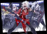  3girls armband bass_guitar belt black_horns black_jacket black_neckwear black_pants breasts commentary_request cross cross_necklace dark_skin demon_girl demon_horns demon_tail drum fingerless_gloves gloves guitar hair_over_one_eye helltaker holding holding_instrument holding_microphone horns instrument jacket jacket_on_shoulders jewelry judgement_(helltaker) justice_(helltaker) kk_aa_nn_ii large_breasts legs_apart long_hair looking_at_viewer microphone microphone_stand multiple_girls music necklace necktie open_clothes open_jacket pants piercing playing_instrument ponytail red_eyes red_gloves red_shirt sharp_teeth shirt short_hair smile standing sunglasses tail teeth white_eyes white_hair zdrada_(helltaker) 