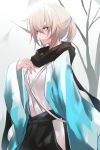  1girl absurdres bangs bare_tree black_hakama black_scarf brown_eyes brown_hair commentary_request eyebrows_visible_through_hair fate/grand_order fate_(series) hair_between_eyes hakama highres japanese_clothes kimono koha-ace long_sleeves looking_at_viewer okita_souji_(fate) okita_souji_(fate)_(all) open_clothes ponytail scarf sleeves_past_wrists solo standing tree white_kimono wide_sleeves yuki_maccha_(yukimattya10) 