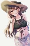  1girl bare_shoulders bikini breasts brown_eyes brown_hair commentary_request dutch_angle earrings green_bikini hat hat_ribbon highres idolmaster idolmaster_shiny_colors jewelry kagetsu_koya kuwayama_chiyuki large_breasts long_hair looking_at_viewer navel ribbon sarong solo straw_hat swimsuit white_background 