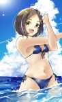  1girl bikini black_hair blue_bikini blue_sky breasts clouds condensation_trail cowboy_shot day green_eyes hair_ornament hairclip highres horizon kantai_collection kuroshio_(kantai_collection) looking_at_viewer ocean outdoors partially_submerged short_hair sky small_breasts smile solo standing sun swimsuit u_yuz_xx water 