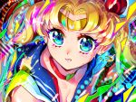  1girl aura bangs bishoujo_senshi_sailor_moon biting blonde_hair blue_eyes blue_sailor_collar blush choker circlet colorful crescent crescent_earrings dedeen earrings face glowing heart heart_choker jewelry lip_biting long_hair looking_at_viewer multicolored multicolored_background parted_bangs red_choker sailor_collar sailor_moon sailor_moon_redraw_challenge sailor_senshi_uniform shiny solo teeth tsukino_usagi twintails upper_body 