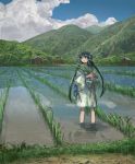  1girl bad_id bad_pixiv_id blue_sash building clouds day forest grass green_eyes green_hair green_kimono highres hill holding_plant japanese_clothes kimono long_hair looking_to_the_side mountain nature obi open_mouth original outdoors reflective_water rice_paddy ripples rural sash scenery shadow shichigatsu sky solo standing twintails very_long_hair wading water yayoi_(shichigatsu) 