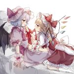  2girls arm_ribbon arm_support ascot back_bow bangs bat_wings bed blonde_hair blue_hair blush bow brooch cross cross_earrings crystal dress earrings eyebrows_visible_through_hair feet flandre_scarlet frilled_cuffs half-closed_eyes hand_on_own_chin hat hat_ribbon jewelry kneeling looking_at_another mob_cap mouth_hold multiple_girls one_side_up pink_dress pointy_ears puffy_short_sleeves puffy_sleeves red_bow red_eyes red_neckwear red_ribbon red_skirt red_vest remilia_scarlet ribbon ribbon_in_mouth shirt short_hair short_sleeves siblings simple_background sisters sitting skirt sorani_(kaeru0768) symbol_commentary touhou vest white_background white_legwear white_shirt wings yuri 