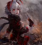 1girl :d absurdres antennae arknights bangs black_gloves black_jacket black_scarf breasts chinese_commentary commentary_request fingerless_gloves gloves grey_shirt highres holding horns jacket long_sleeves looking_at_viewer medium_breasts open_mouth qianzhu red_eyes scarf shirt short_hair silver_hair smile solo upper_body w_(arknights) 