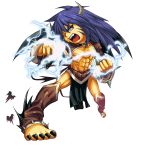  1boy abs angry barefoot bats black_nails blue_eyes blue_hair claws demon demon_tail demon_wings electricity horns legwear loincloth long_hair marking_on_cheek marshal_(mini_fighter) mini_fighter muscles official_art open_mouth sharp_teeth solo spiked_bracelet spiked_collar vest 