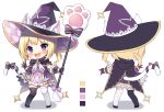  1girl :d animal_ear_fluff animal_ears argyle argyle_dress bangs black_cape black_footwear black_legwear blonde_hair blush bow cape cat_ears cat_girl cat_tail chibi color_guide commentary_request dress ears_through_headwear eyebrows_visible_through_hair gloves hat holding holding_staff long_hair looking_at_viewer lumia_saga mauve mismatched_legwear multiple_views open_mouth purple_background purple_dress purple_gloves purple_headwear shadow shoes smile staff standing striped striped_bow striped_legwear tail tail_bow tail_raised thigh-highs twintails upper_teeth vertical-striped_legwear vertical_stripes violet_eyes white_background white_legwear witch_hat 