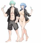  1boy 1girl barefoot bikini blue_hair braid breasts brown_eyes byleth_(fire_emblem) byleth_eisner_(male) closed_mouth commission crown_braid fire_emblem fire_emblem:_three_houses green_eyes green_hair holding holding_hands marianne_von_edmund open_mouth rakeem_garcia-cueto short_hair simple_background swimsuit white_background 