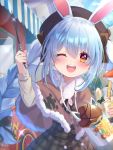  1girl :d animal_ear_fluff animal_ears blue_hair bow braid brown_skirt capelet carrot_hair_ornament churro cowboy_shot don-chan_(usada_pekora) eyebrows_visible_through_hair eyelashes food food_themed_hair_ornament fur-trimmed_jacket fur_trim hair_bow hair_ornament headband highres holding hololive jacket long_hair long_sleeves looking_at_viewer magowasabi multicolored_hair one_eye_closed open_mouth plaid plaid_skirt rabbit_ears shirt signature skirt smile solo symbol_in_eye tan_shirt thick_eyebrows tongue twin_braids upper_teeth usada_pekora vending_cart virtual_youtuber wand white_hair yellow_eyes 