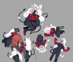  1boy 3girls :d animal_ears apron arm_garter armband black_apron black_gloves black_hair black_legwear black_neckwear black_pants black_suit black_tail black_vest breasts cerberus_(helltaker) closed_eyes collared_shirt commentary_request cooking demon_girl demon_tail dog_ears dog_girl fang formal full_body geee529 gloves grey_background helltaker helltaker_(character) highres long_hair looking_at_viewer low-tied_long_hair matching_outfit multiple_girls necktie neckwear open_mouth pants red_eyes red_shirt shirt short_hair siblings silver_hair simple_background sisters sleeping small_breasts smile standing suit sweat sweatdrop tail triplets very_long_hair vest waistcoat white_hair white_pants 