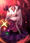  1girl absurdres capelet eye_(okame_nin) green_pupils highres horns long_hair looking_at_viewer no_mouth okame_nin one_eye_closed original purple_skirt red_capelet red_eyes skirt solo standing tentacles white_hair white_skin 