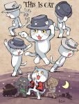  cat dancing genba_neko gloves graveyard grey_cat hat jacket kiichi michael_jackson moon multiple_cats no_humans parody paw_print pose red_jacket single_glove slit_pupils smile this_is_it thriller tree whiskers white_gloves yellow_eyes zombie 