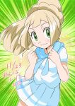  1girl bangs blonde_hair blunt_bangs blush clenched_hands closed_mouth commentary_request dated eyelashes floating_hair green_eyes hainchu hands_up light_smile lillie_(pokemon) long_hair pleated_skirt pokemon pokemon_(game) pokemon_sm short_sleeves skirt solo translation_request 
