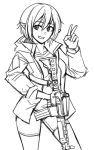  1girl bangs collarbone eyebrows_visible_through_hair greyscale grin gun hair_between_eyes hand_up highres jacket long_sleeves looking_at_viewer monochrome ndtwofives open_clothes open_jacket original pointy_ears shirt short_hair short_shorts shorts simple_background smile solo v weapon weapon_request white_background 